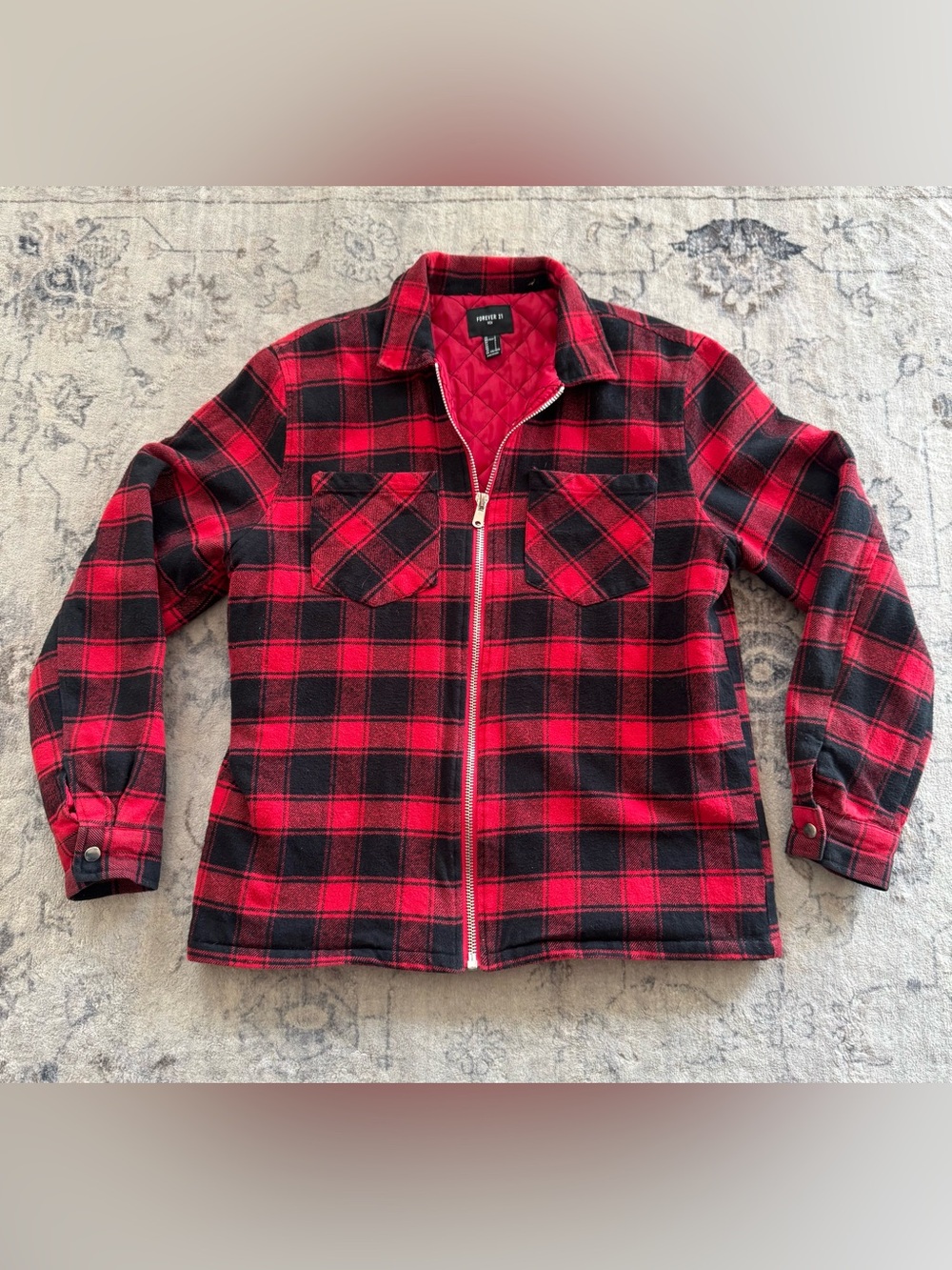 Forever 21 Red and Black Plaid Zip-Up Shirt Jacket